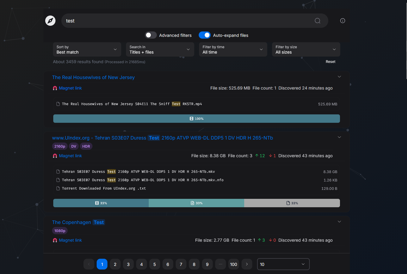 Lodestar search interface showing ranked Bitmagnet discovery results